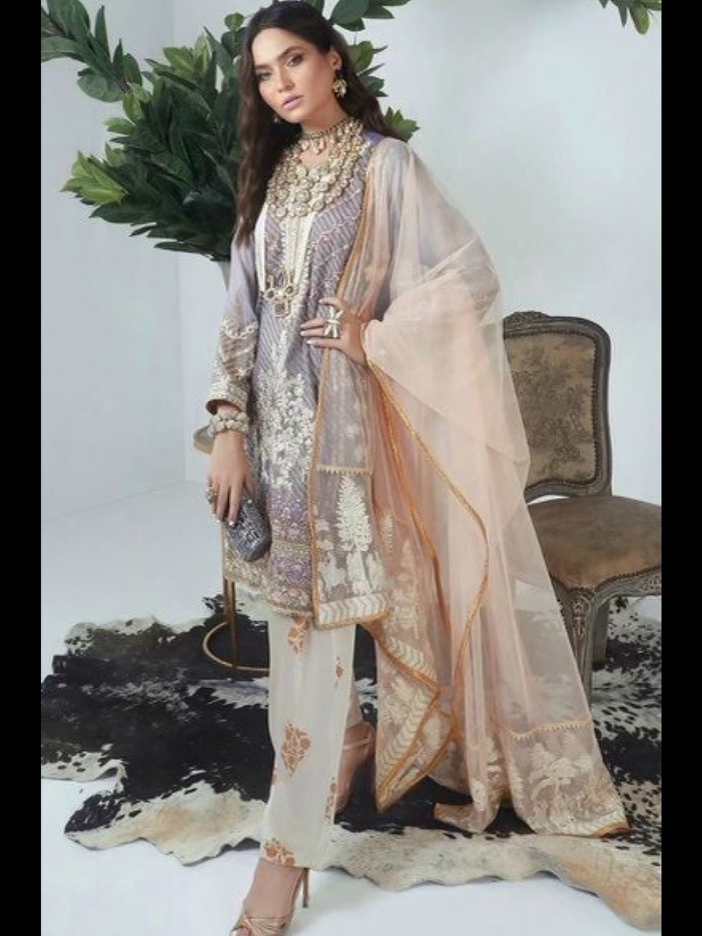 Elegant Lavender & Peach Embroidered Long Sleeve Dress
